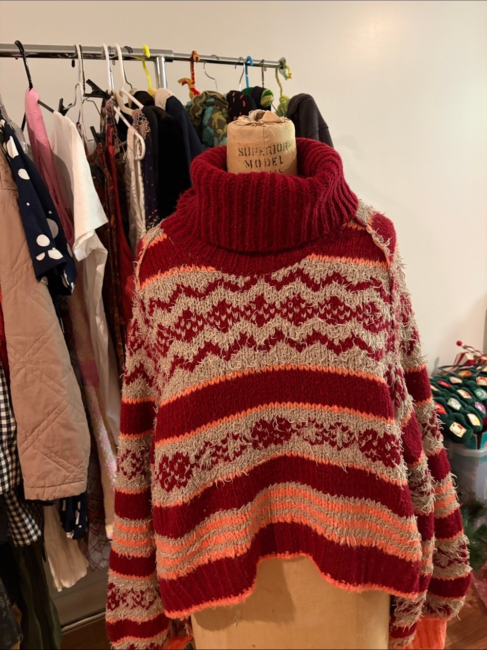 Free People Red Patterned Turtleneck Sweater with Cream & Orange Accents